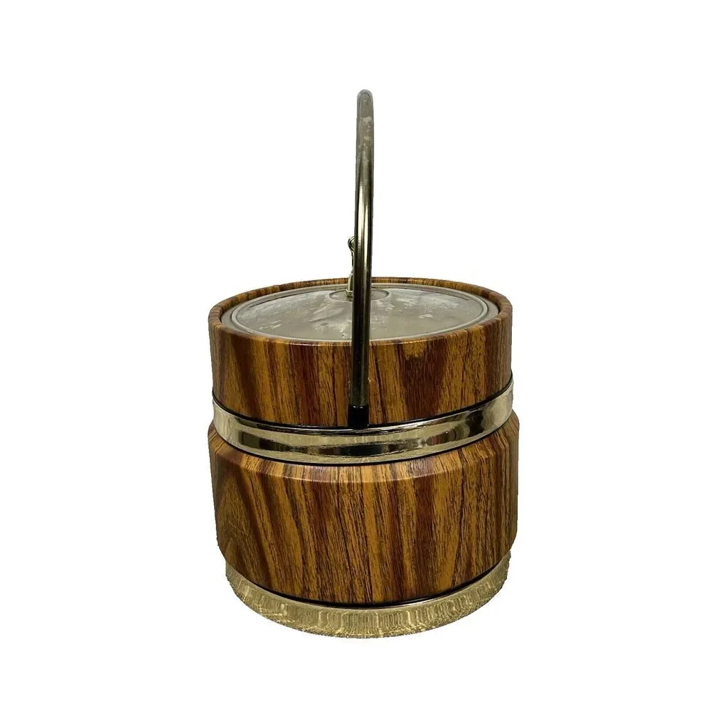 Vintage Ice Bucket‎ Faux Wood Insulated Barware Goldtone Banded Handle Pail